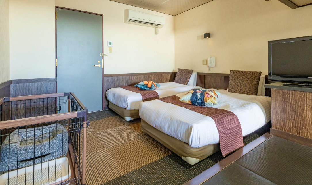 愛犬と一緒にベッドでくつろぐ女性